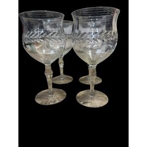 Bryce Glass Clear Optic Stem 350 Cut Laurel Leaf Wine Glass Lot Of Four. Vintage